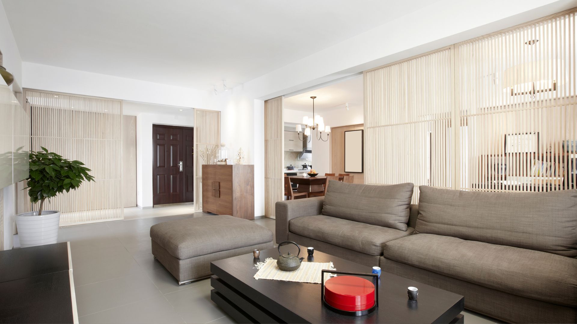 A living room with a couch and a coffee table